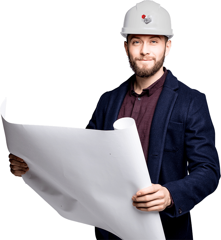 Homem branco de barba loira/castanha clara e olhos aazuis segurando projeto de arquitetura vestindo equipamento de segurança e olhando pro usuário